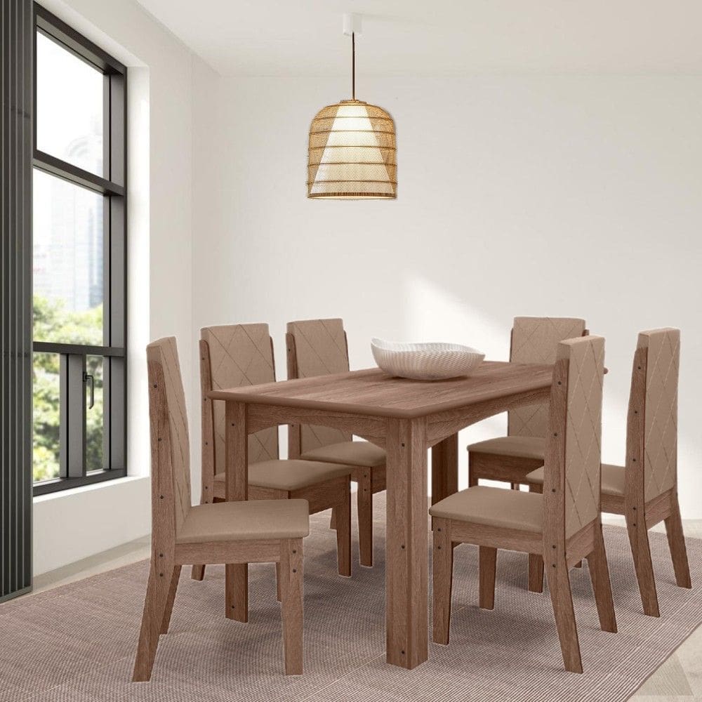 Conjunto Sala de Jantar Austria 1,56 com 6 Cadeiras Amendoa 73B
