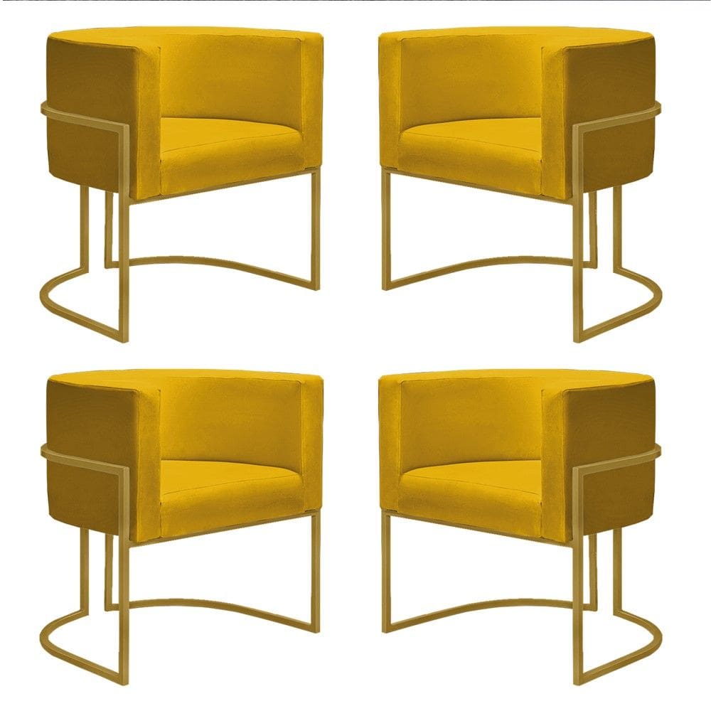 Kit 4 Poltronas Reforçadas Decorativa Sala Nayara Base Ferro Dourado Suede