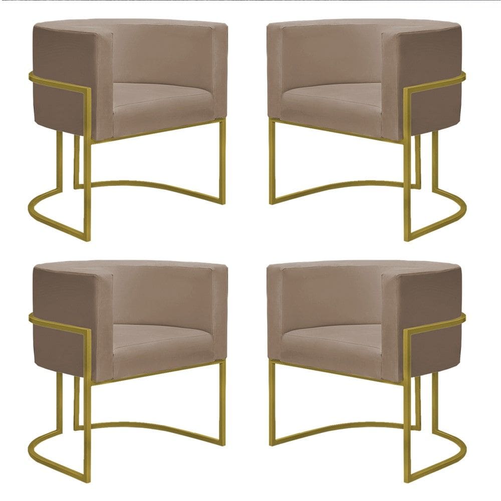 Kit 4 Poltronas Reforçadas Decorativa Sala Nayara Base Ferro Dourado Suede