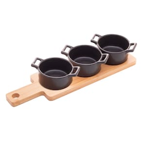Conjunto 03 Petisqueiras Redondas de Porcelana Preta com Bandeja de Bambu Wolff