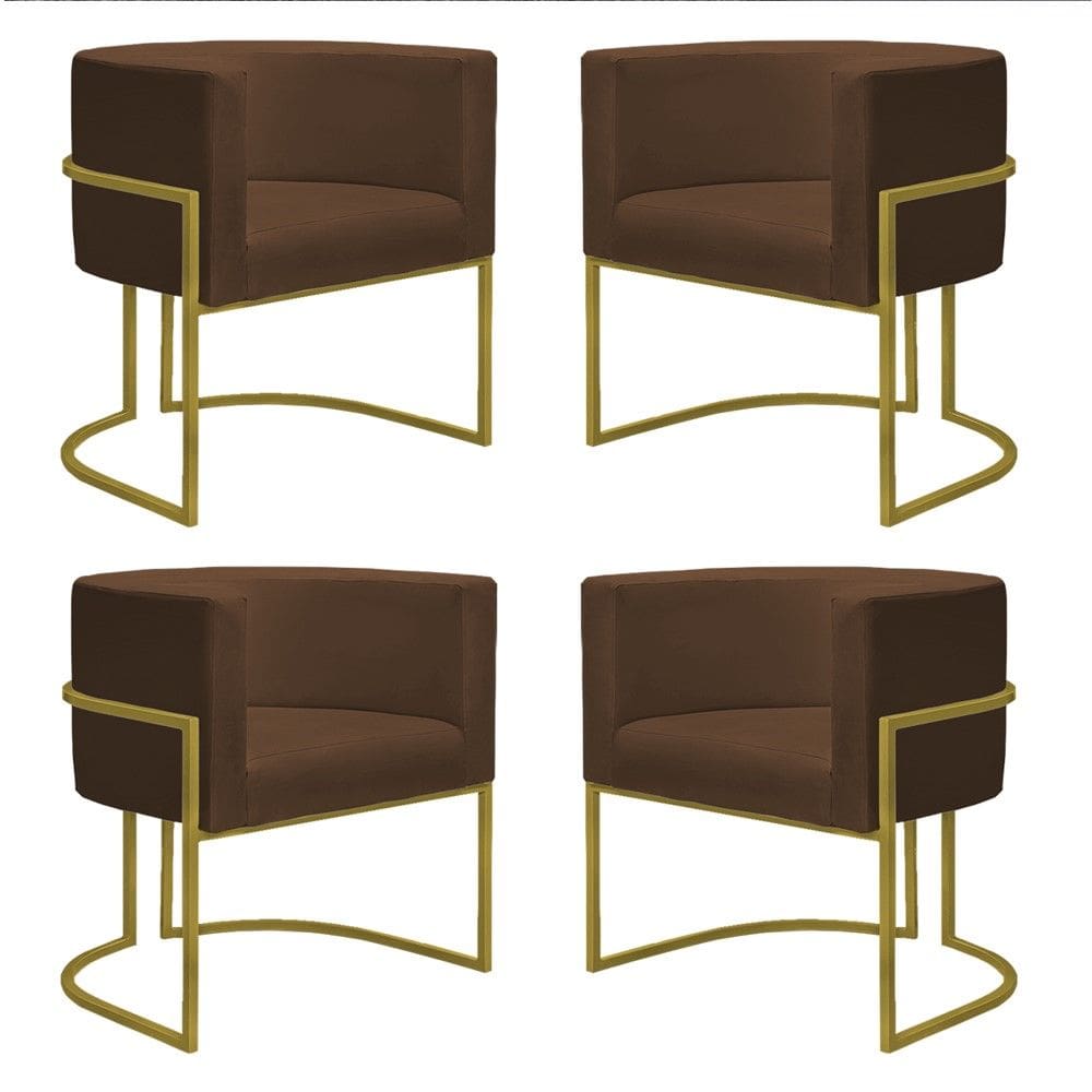 Kit 4 Poltronas Reforçadas Decorativa Sala Nayara Base Ferro Dourado Suede