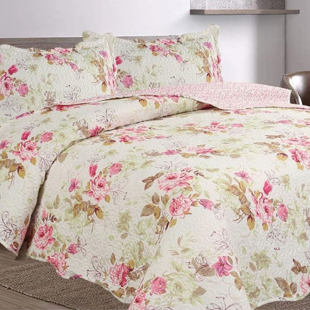 Kit Cobre Leito Colcha Mix King Estampado Dupla Face Floral 3 Peças - Mariela