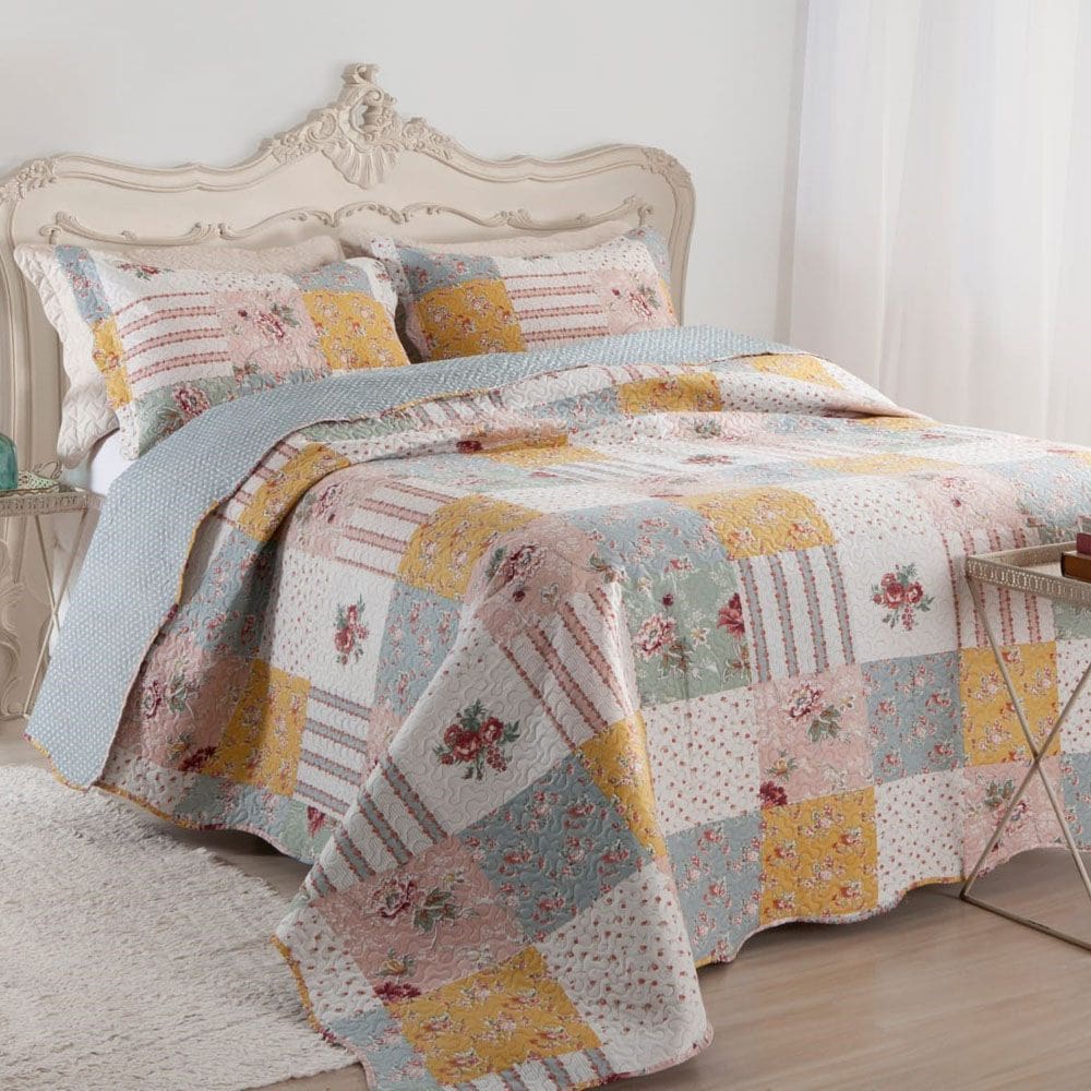 Kit Cobre Leito Colcha Mix King Estampado Dupla Face Floral 3 Peças - Luana