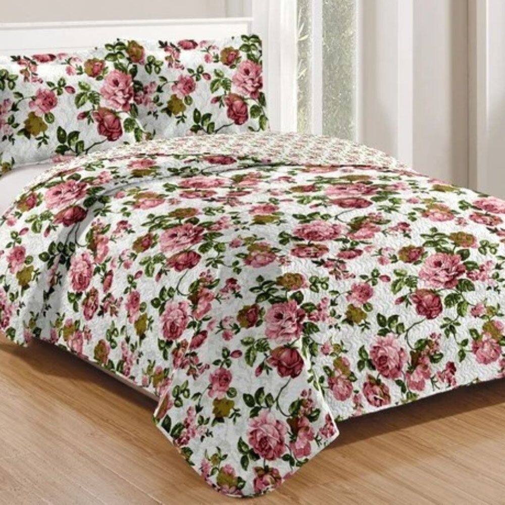 Kit Cobre Leito Colcha Mix King Estampado Dupla Face Floral 3 Peças - Helena
