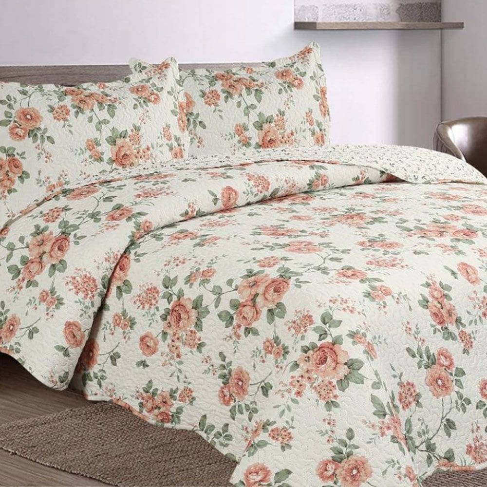 Kit Cobre Leito Colcha Mix King Estampado Dupla Face Floral 3 Peças - Débora