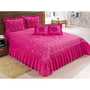 Kit Cobre Leito Casal Desejos 7 Peças Bordado Colcha - Pink