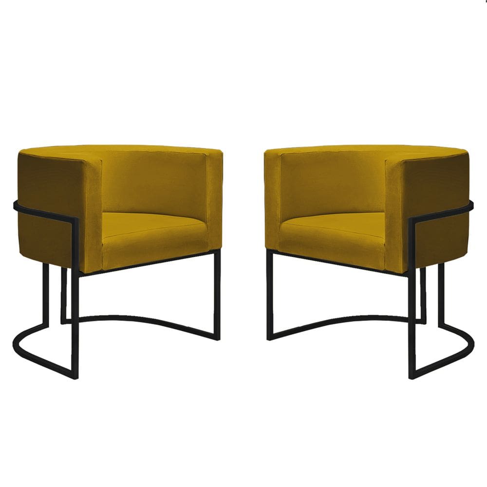 Kit 2 Poltronas Reforçadas Decorativa Sala Nayara Base Ferro Preto Suede Amarelo