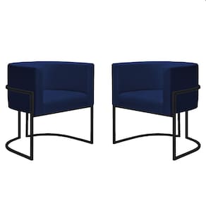 Kit 2 Poltronas Reforçadas Decorativa Sala Nayara Base Ferro Preto Suede Azul Marinho