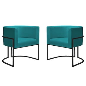 Kit 2 Poltronas Reforçadas Decorativa Sala Nayara Base Ferro Preto Suede Azul Tifany