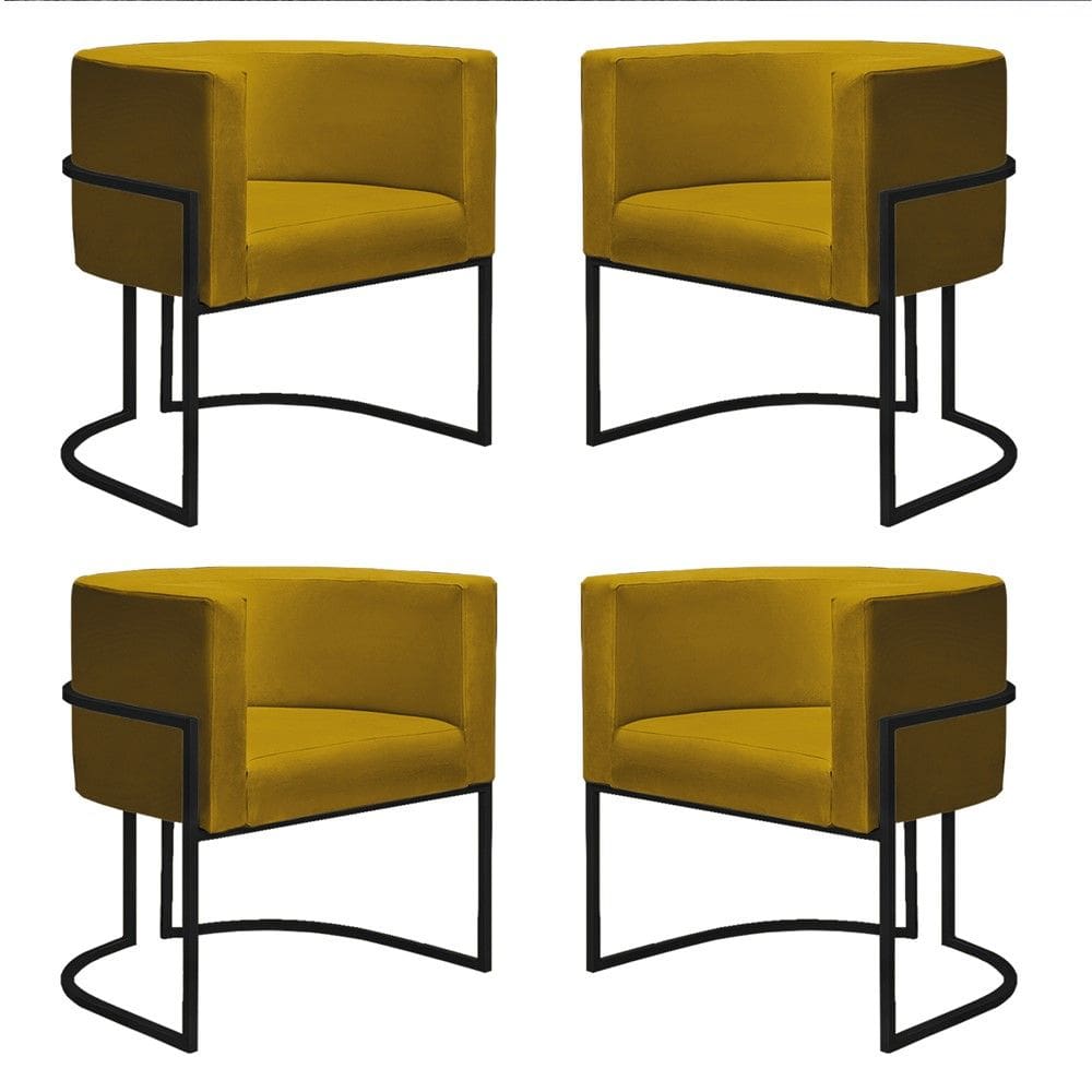 Kit 4 Poltronas Reforçadas Decorativa Sala Nayara Base Ferro Preto Suede Amarelo