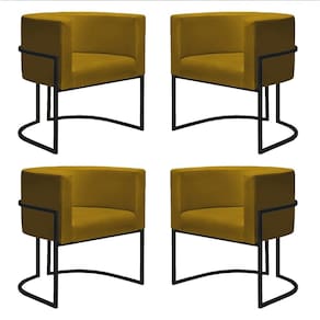 Kit 4 Poltronas Reforçadas Decorativa Sala Nayara Base Ferro Preto Suede Mostarda