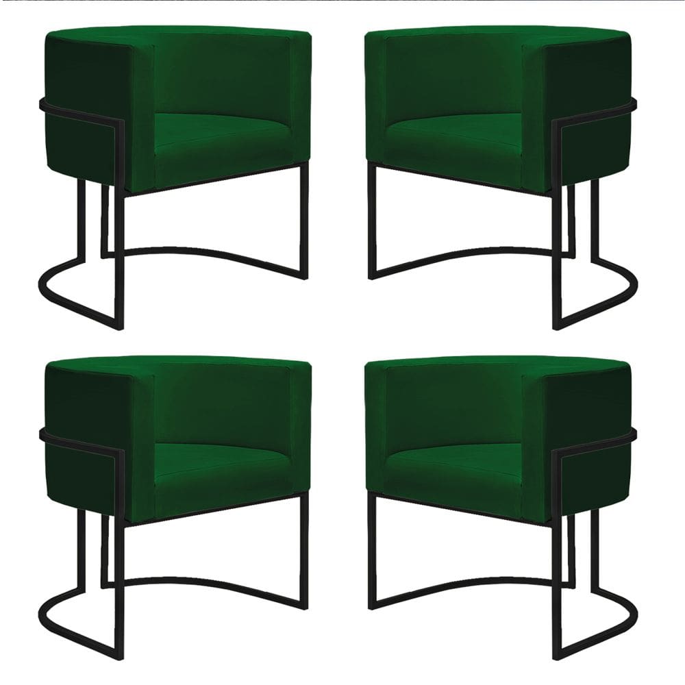 Kit 4 Poltronas Reforçadas Decorativa Sala Nayara Base Ferro Preto Suede Verde