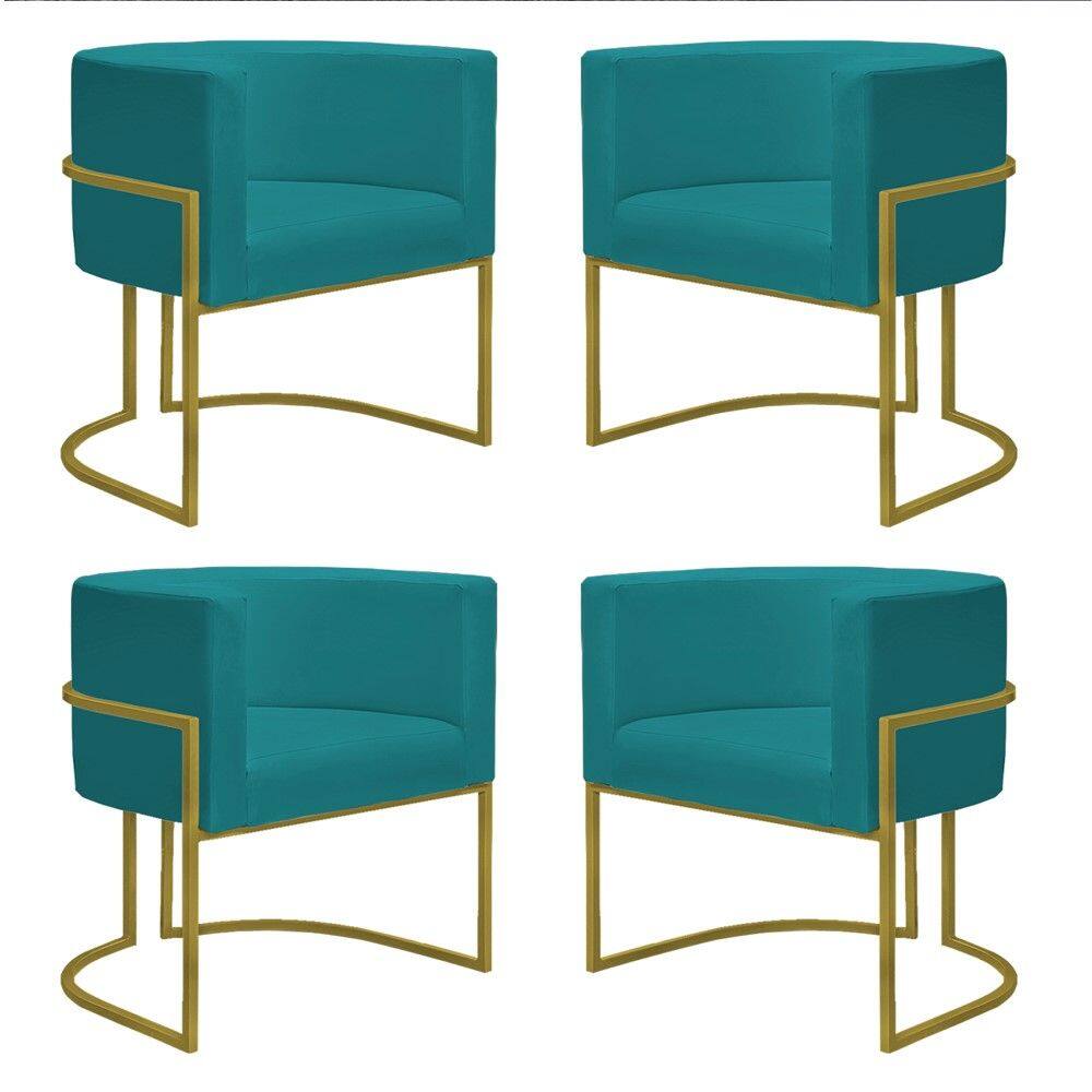 Kit 4 Poltronas Reforçadas Decorativa Sala Nayara Base Ferro Dourado Suede Azul Tifany