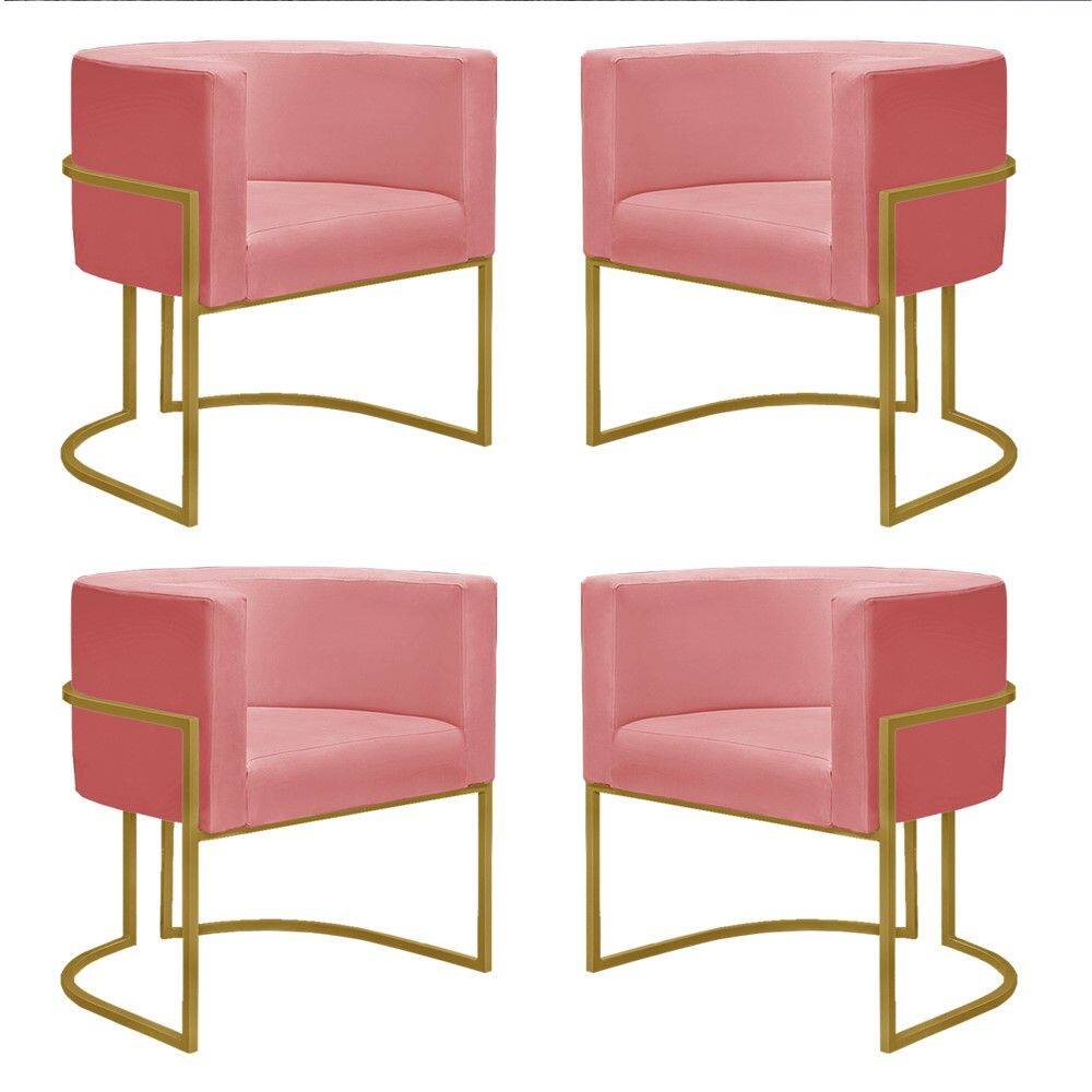 Kit 4 Poltronas Reforçadas Decorativa Sala Nayara Base Ferro Dourado Suede Rose