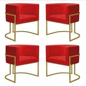 Kit 4 Poltronas Reforçadas Decorativa Sala Nayara Base Ferro Dourado Suede Vermelho
