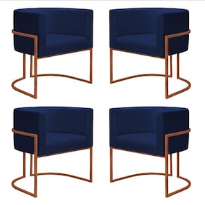 Kit 4 Poltronas Reforçadas Decorativa Sala Nayara Base Ferro Bronze Suede Azul Marinho