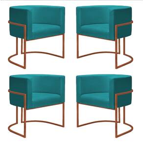 Kit 4 Poltronas Reforçadas Decorativa Sala Nayara Base Ferro Bronze Suede Azul Tifany