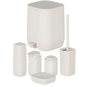 Kit Banheiro 6pç Lixeira 6L + Porta Sabonete Escova Cotonete Dispenser Bege - Aura Ou