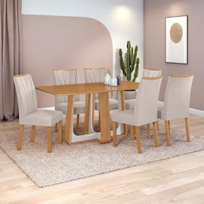 Conjunto Sala de Jantar Mesa Easy Pop 170x90cm Tampo MDF com 6 Cadeiras Confort Boucle Bege Amêndoa/Off White