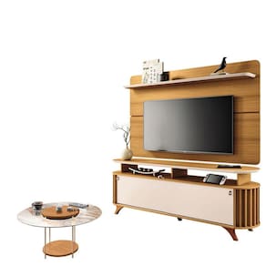 Rack Bancada Alba com Painel Curv com Mesa de Centro Sky com Tampo de Vidro Cinamomo Off White – HB Móveis