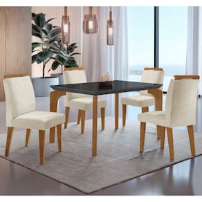 Conjunto Sala de Jantar Mesa Liz 120cm com Vidro Canto Reto e 4 Cadeiras Athenas Moderna