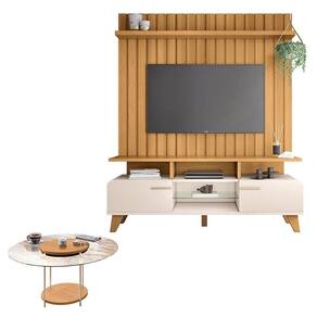Rack Bancada Essenza e Painel Link 1.6 com Mesa de Centro Sky com Tampo de Vidro Off White Cinamomo – HB Móveis