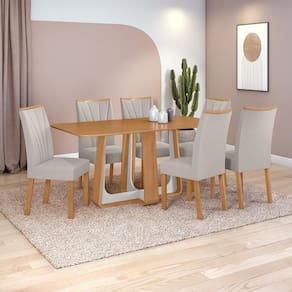 Conjunto Sala de Jantar Mesa Easy Pop 170x90cm Tampo MDF com 6 Cadeiras Confort Linho Mosaico Cinza Amêndoa/Off White