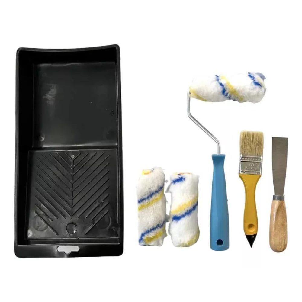 Conjunto de Pintura com Pincel, Espátula, Rolos de Lã e Bandeja - 7 Peças