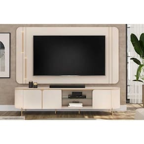 Rack Bancada c/ Painel p/ TV até 75 Pol Ariana 3 Portas 241x57cm Off White - DJ Móveis