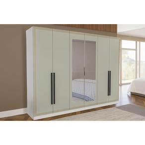Guarda Roupa Casal 6 Portas (2 c/ Espelho) e 4 Gavetas Valência Branco/Verde - Politorno