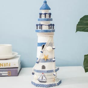 Farol Enfeite Decorativo Náutica Oceano Branco e Azul 30cm