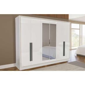 Guarda Roupa Casal 6 Portas (2 c/ Espelho) e 4 Gavetas Valência Branco - Politorno