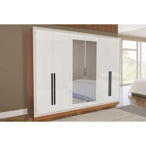 Guarda Roupa Casal 6 Portas (2 c/ Espelho) e 4 Gavetas Valência Freijo/Branco - Politorno