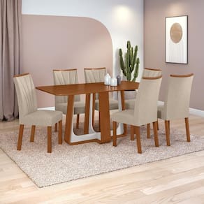 Conjunto Sala de Jantar Mesa Easy Pop 170x90cm Tampo MDF com 6 Cadeiras Confort Linho Rinzai Bege Frassino/Off White