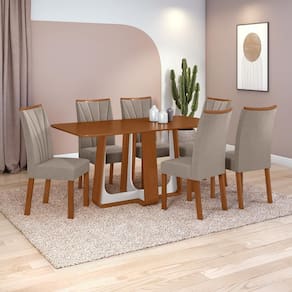 Conjunto Sala de Jantar Mesa Easy Pop 170x90cm Tampo MDF com 6 Cadeiras Confort Suede Animale Bege Frassino/Off White