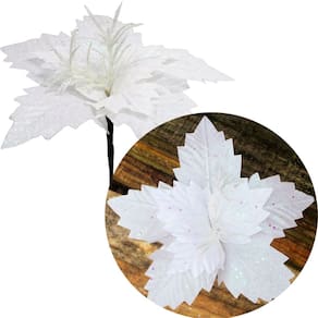Kit 12 Flores Artificial Gliter Enfeite Branco Natalino 25cm