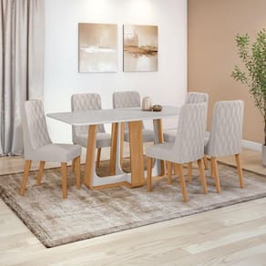Conjunto Sala de Jantar Mesa Easy Pop 170x90cm Tampo Vidro/MDF com 6 Cadeiras Seat Linho Mosaico Cinza Amendoa/Off White