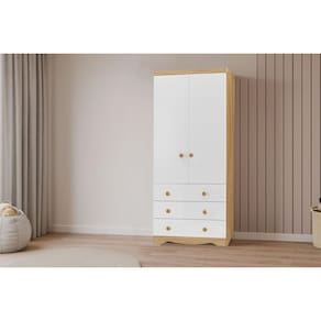 Guarda Roupa Infantil c/ 2 Portas e 3 Gavetas Júnior Branco/Amendoa - Peroba