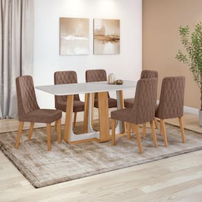 Conjunto Sala de Jantar Mesa Easy Pop 170x90cm Tampo Vidro/MDF com 6 Cadeiras Seat Couro Morano Avelã Amendoa/Off White