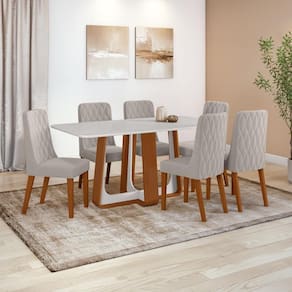 Conjunto Sala de Jantar Mesa Easy Pop 170x90cm Tampo Vidro/MDF com 6 Cadeiras Seat Veludo Liso Capuccino Frassino/Off White