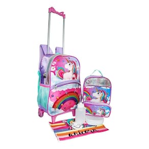 Kit Mochila Feminina Unicórnio Holográfica Rodinhas Escolar
