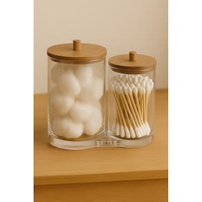 Pote Duplo Organizador Para Algodão em Disco e Cotonete de Acrílico Tampa de Bambu - Jolitex Mek - Natural