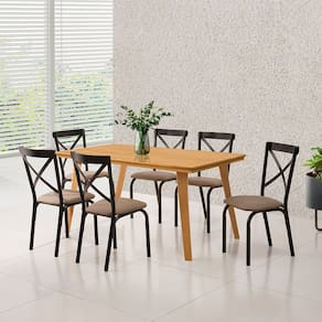 Conjunto Mesa de Jantar Industrial em Madeira Maciça Milenna com 6 Cadeiras Karen Preta 160x80 Imbui