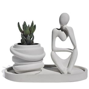 Conjunto Decorativo 3 Peças Estátua Pensadora Vaso Saturno Bandeja Cinza