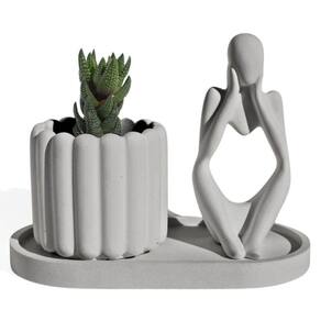 Conjunto Decorativo 3 Peças Estátua Pensadora Vaso Tulipa E Bandeja Cinza