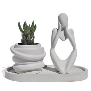 Conjunto Decorativo 3 Peças Estátua Pensadora Vaso Saturno Bandeja Cinza