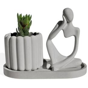 Conjunto Decorativo 3 Peças Estátua Pensadora Vaso Tulipa E Bandeja Cinza