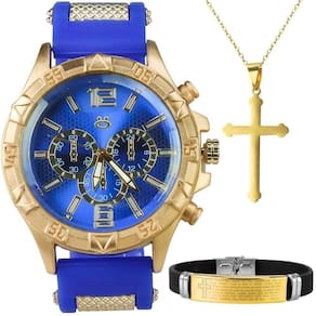 Relogio Masculino Aço Dourado + Colar Crucifixo + Pulseira