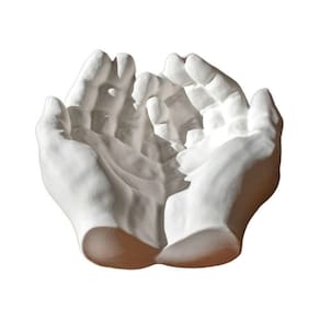 Porta Objetos Decorativo Mãos 15,5cm Em Cimento Artesanal Branco
