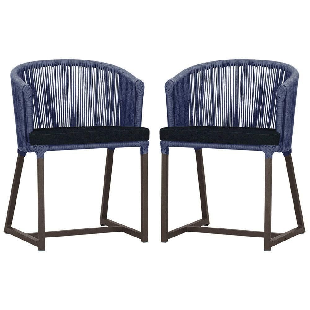 2 Cadeiras De Jantar Noronha Marrom Corda Náutica E12 Trama Azul